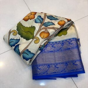 Kalamkari theme with blue border digital print pure Mangalagiri pattu saree