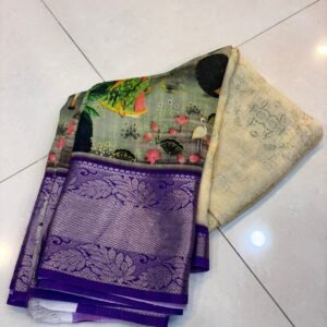 Village theme with blue border digital print pure Mangalagiri pattu saree