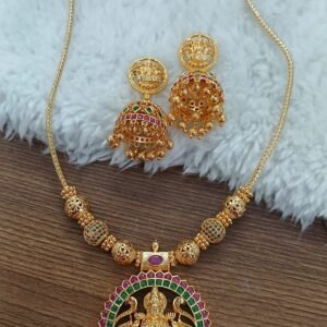 Pink & Green stones Micropolish Lakshmi neck set with buttalu