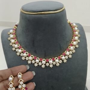 Diamond copy neck set with real pearls (PINK)