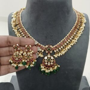 Pink square stones neck set with pearl muvvalu