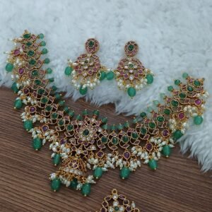 Green beads stones neck set with changeable pendant