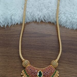 Green & Pink stone boat shape pendant Micropolish naan chain