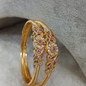2.10 Multi stones flower design kada pattern Micropolish bangles (set of 2)