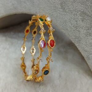 2.10 Oval navarathna stones with wave pattern Micropolish bangles (set of 2)