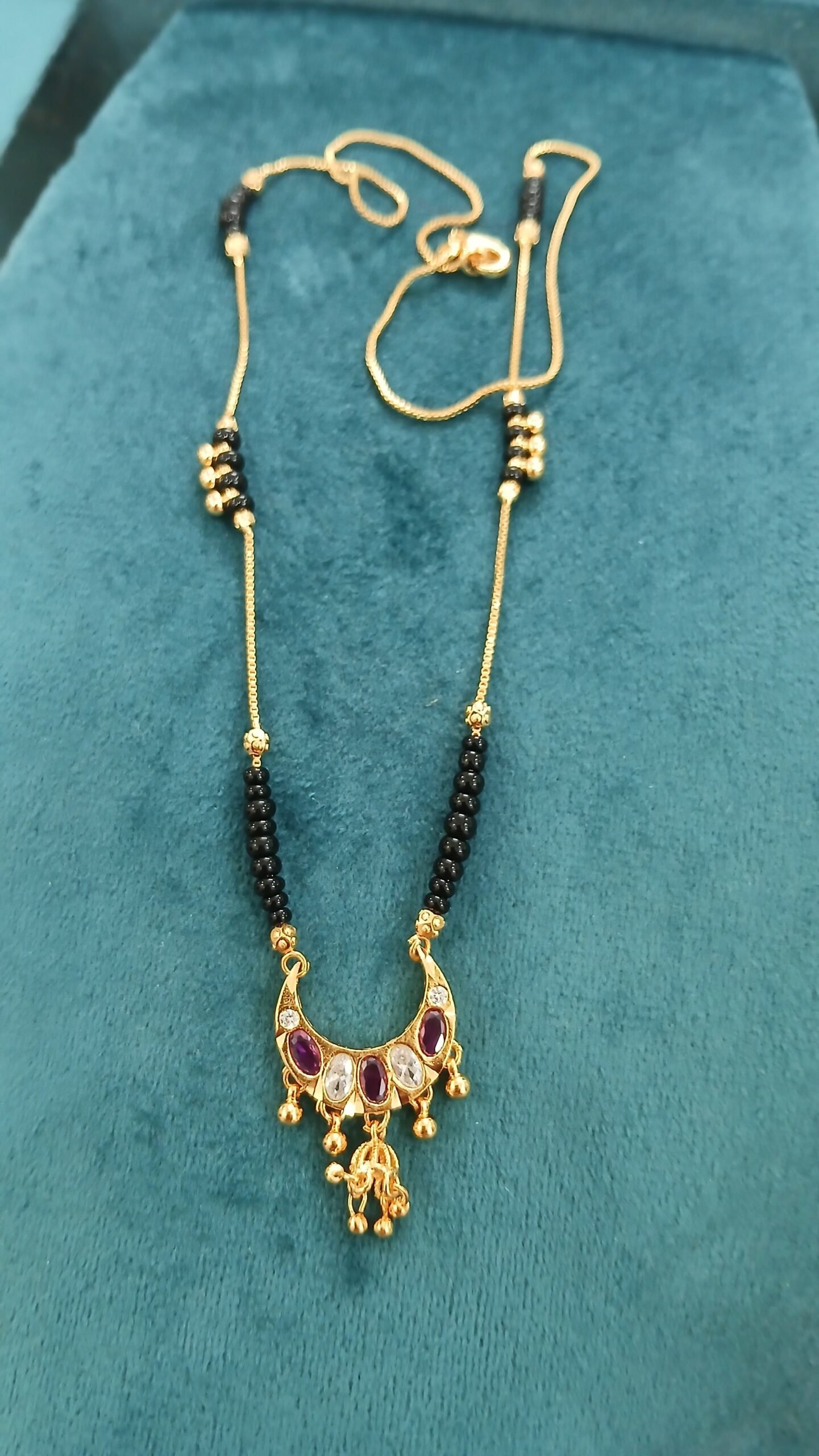 Micropolish blackbeads with pink & White stonea chandbali pendant