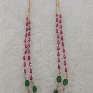 Pink CZ with leaf cut real Emerald beads double line Micropolish chain