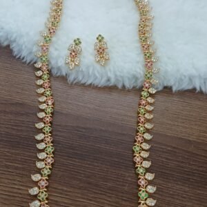 Micropolish multi stones long mango neck set with earrings