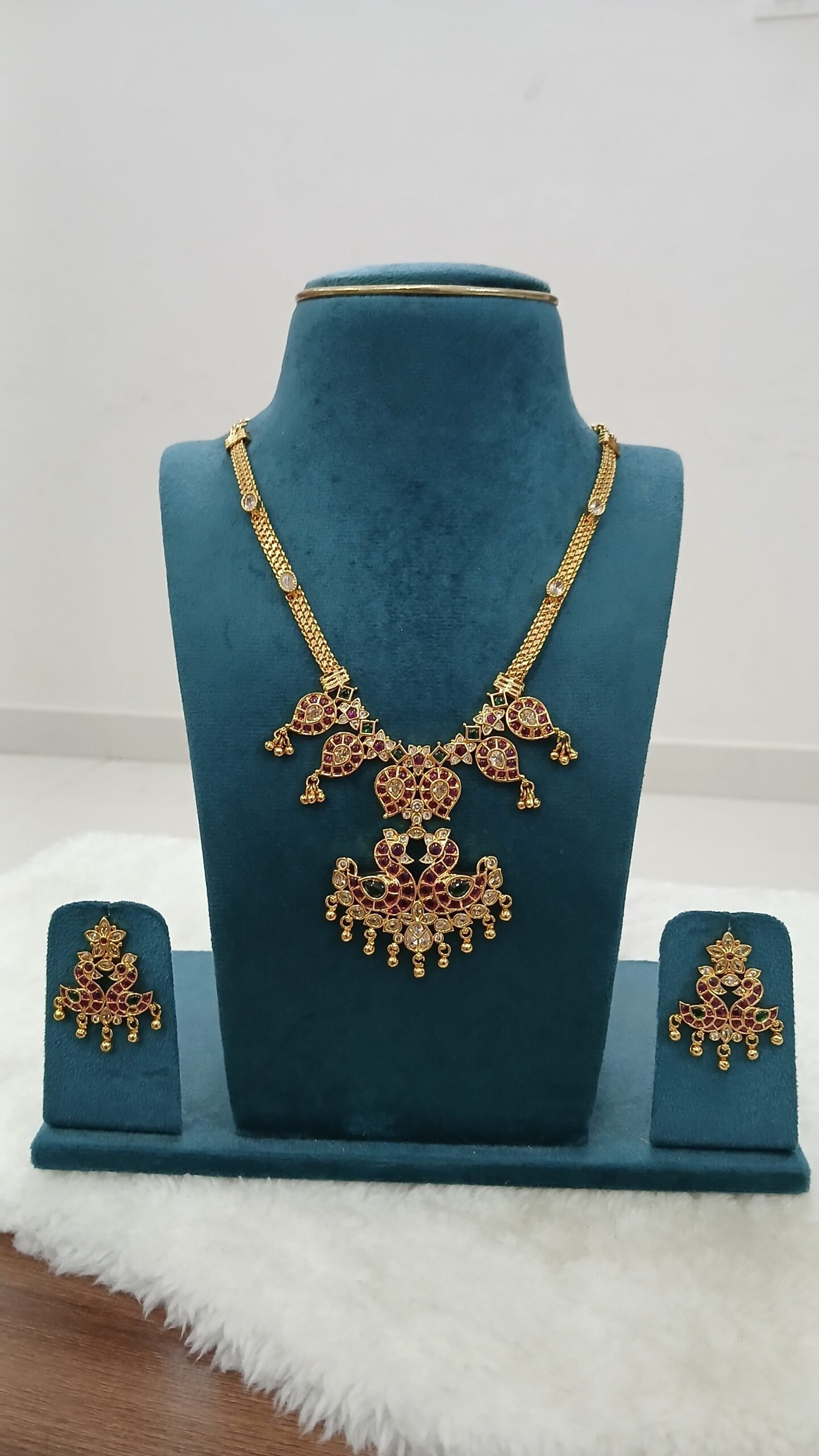 Micropolish gold copy double Peacock ruby neck set with earrings